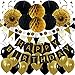 ZERODECO Birthday Party Decoration, Happy Birthday Banner with Paper Fans, Honeycomb Balls, Triangular Pennants, Circle Paper Garland, Hanging Swirls and Balloons - Black and Imitation-Gold