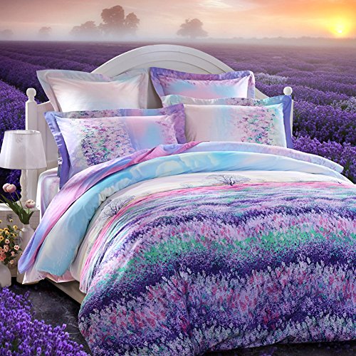 LOVO Fragrance of Provence 100% Cotton 3-Piece Bedding Set 1x Duvet Cover and 2X Pillowcases Purple King