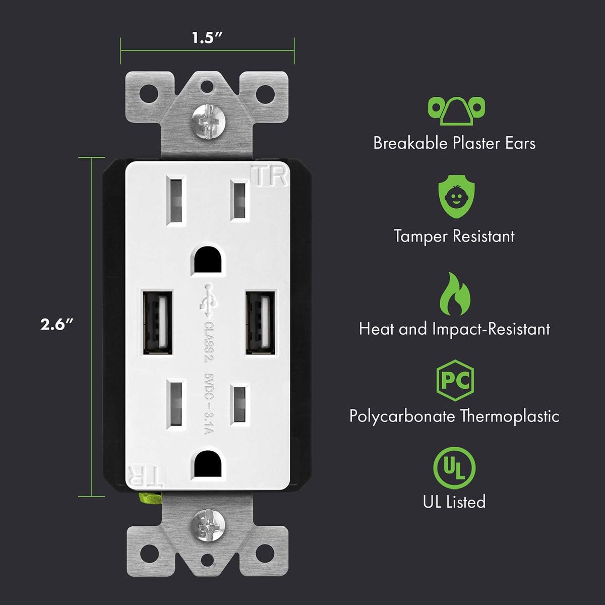 TOPGREENER 3.1A USB Wall Outlet Charger, 15A Tamper-Resistant Receptacles, Compatible with iPhone SE/11/XS/XR/X/8, Samsung Galaxy S20/S10/S9/Note, LG, HTC & More, UL Listed, TU2153A, White 6 Pack - - 
