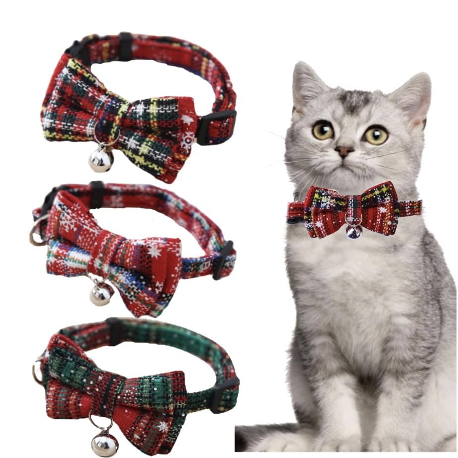 3 Pack Christmas Plaid Cat Collar with Bell and Bow Tie, Quick Release Safety Cat Collars，Breakaway Xmas Adjustable Plaid Snowflake Collar for Kitten Puppy and Cats