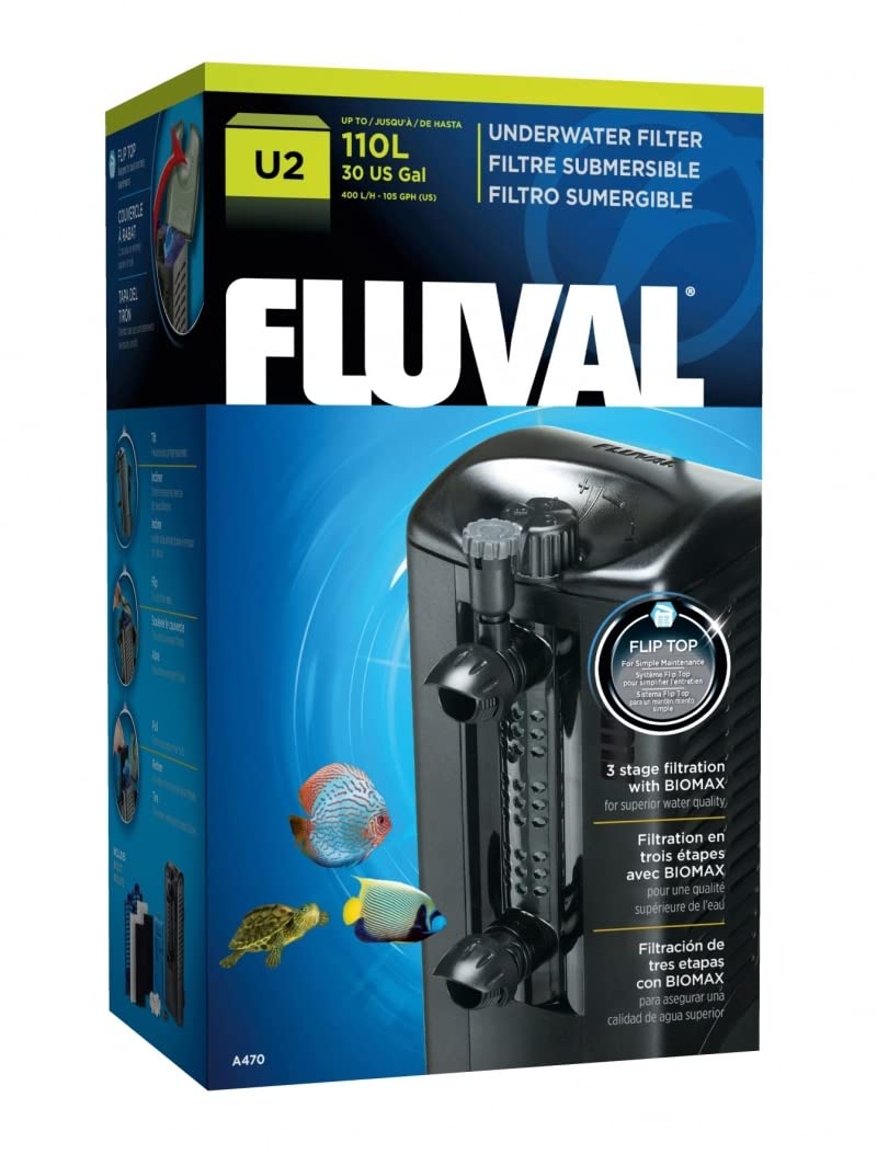 Fluval U2 Internal Aquarium Filter – Up to 110 Litre Fish Tanks, 400 L/H Adjustable Flow, 3-Stage Filtration with BioMax, Freshwater, Marine & Reptile Use
