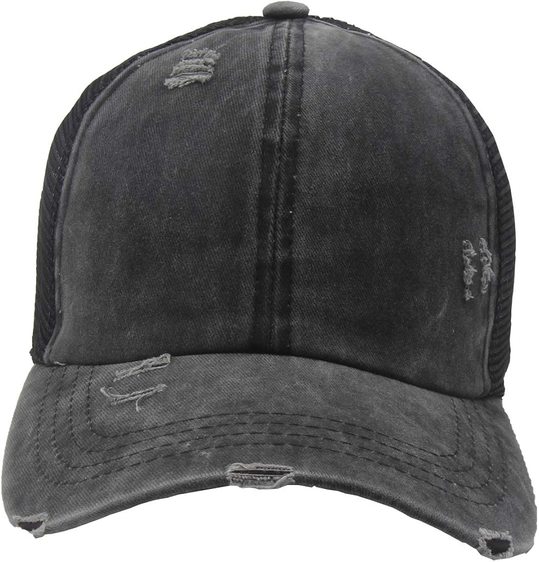 Criss Cross Baseball Caps, Women Ponytail Mesh Hat Distressed High Messy Bun Trucker Ponycap (Black, One Size) at  Women’s Clothing store