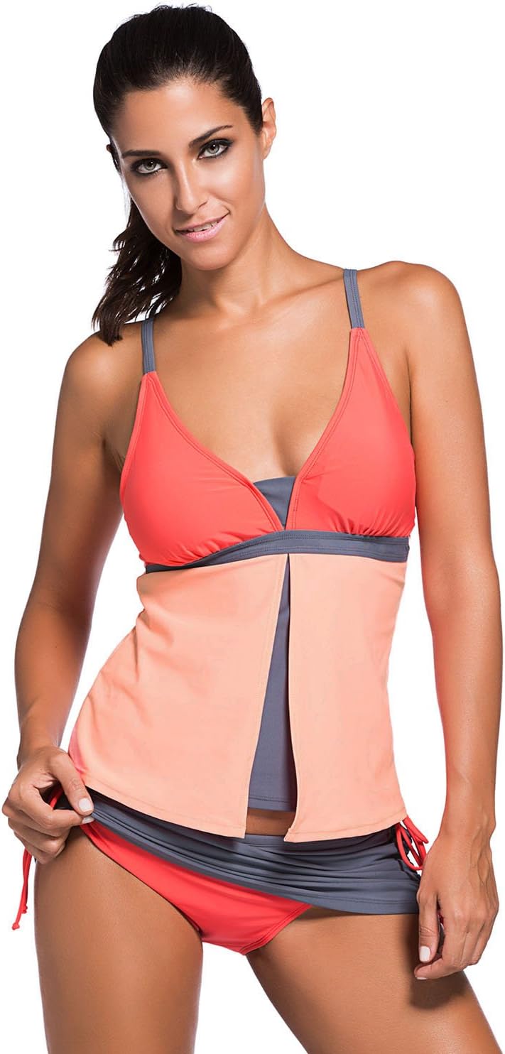 Tops Plus Womens Colorblock Tankini Top Skort Bottom Swimsuit Swimwear