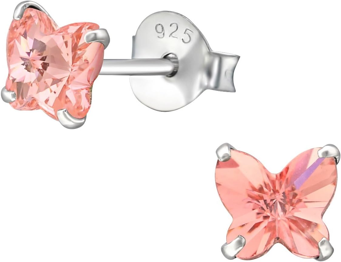 925 Sterling Silver with Crystals from Swarovski small butterfly stud earrings women girls 5mm various sparkly colours anti allergy hypoallergenic nickel free jewellery ladies sensitive ears gift box