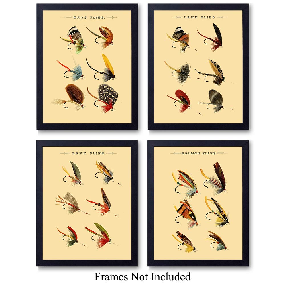 Vintage Lures Wall Art Prints - Set of Four (8X10) Unframed Photos - Makes a Great Gift For Fly Fisherman and Lake or Beach House Decor
