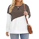 ROSRISS Womens Plus Size Sweatshirts Long Sleeve Side Split Striped Colorblock Tops Oversized Crewneck Casual Pullover Shirts