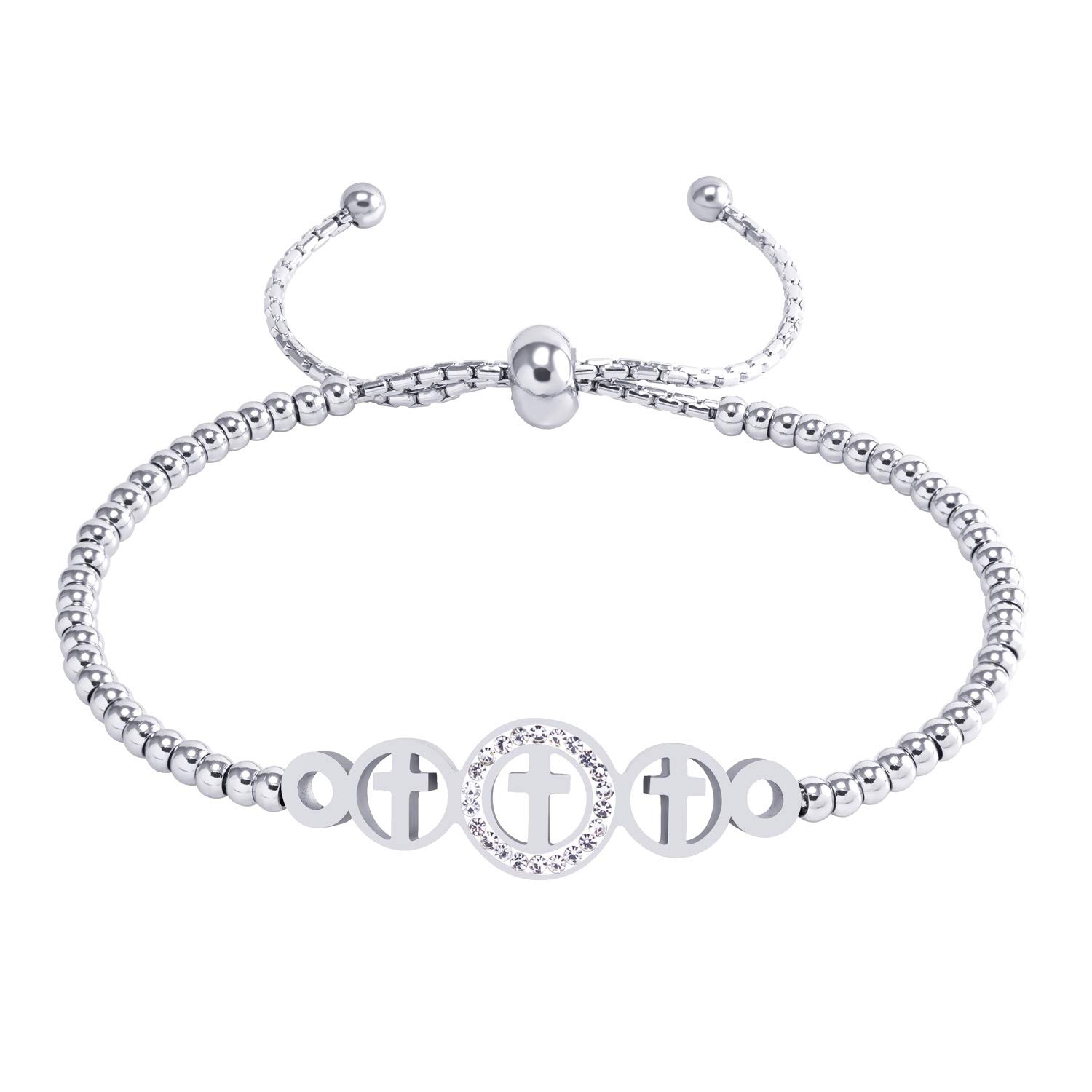 555Jewelry Stainless Steel Cross Bracelet for Women Adjustable Slide Bracelet Cuff Bangle Ball Chain Beaded Bolo Bracelets for Women, Cubic Zirconia Bracelets for Women, Silver