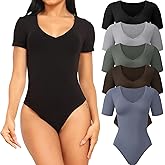 CE' CERDR 5 Pack Bodysuits for Women Short Sleeve Deep V Neck Tops T-shirt Bodysuit Casual Outfits