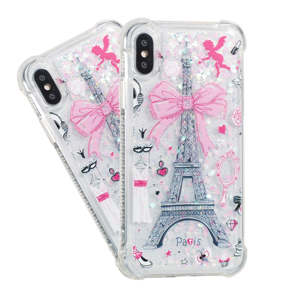 IMEIKONST Glitter Liquid Case for iPhone XS, Sparkle Sequin Floating Shiny Quicksand Transparent Silicone TPU Shockproof Protective Bumper Cover for iPhone XS/X Bling Bow Tower YB