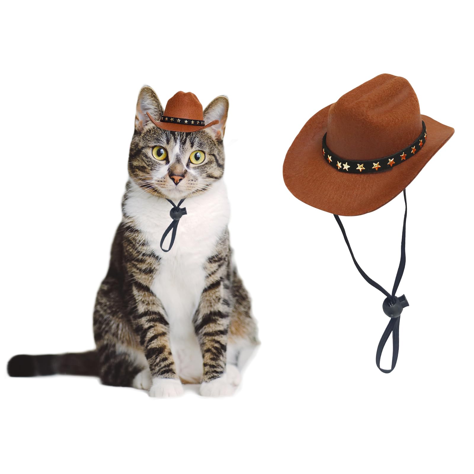 AWOCAN Brown Cat Cowboy Hat, Adjustable, Small, Polyester, Festive, Solid, Unisex, Pet Hat