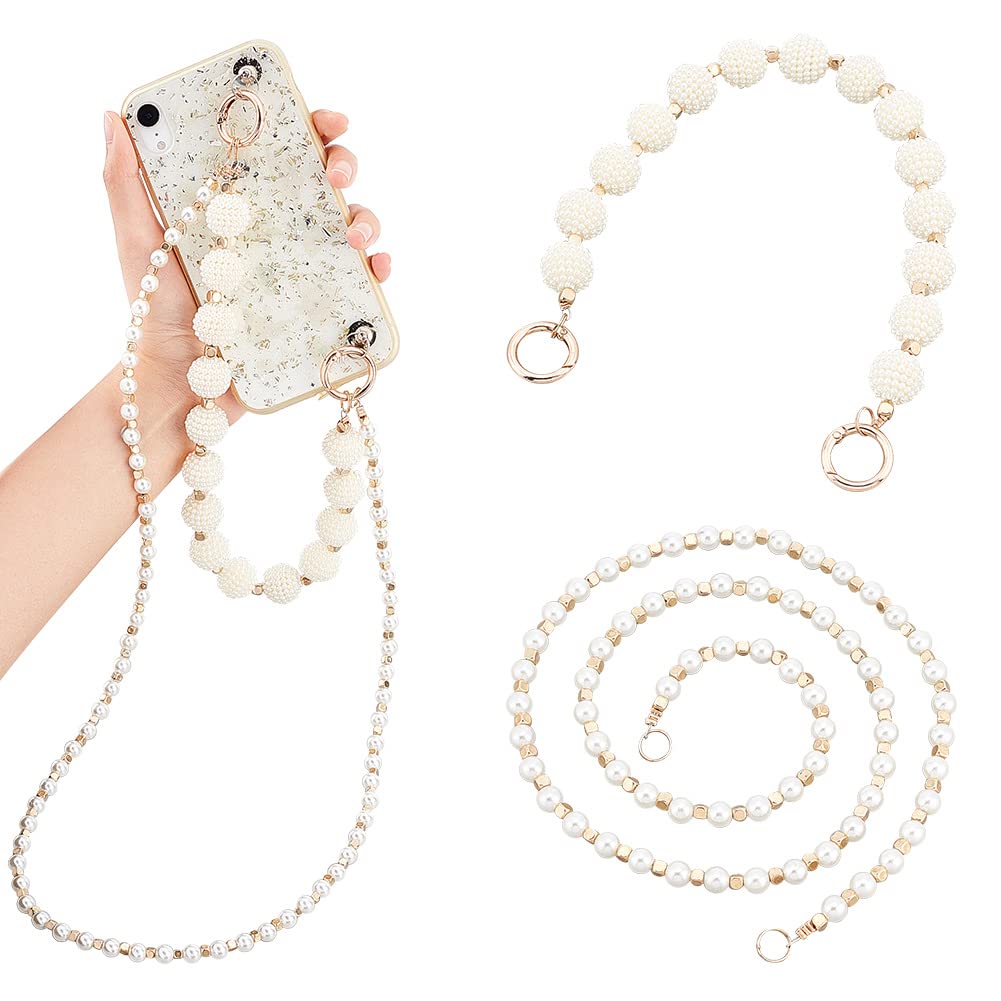 WADORN 2 Styles Beaded Phone Lanyard Wrist Strap, Imitation Pearl Chain Phone Charms Decoration Phone Case Chain Strap with Buckles for Women Cellphone Strap Hanging String Neck Phone Holder
