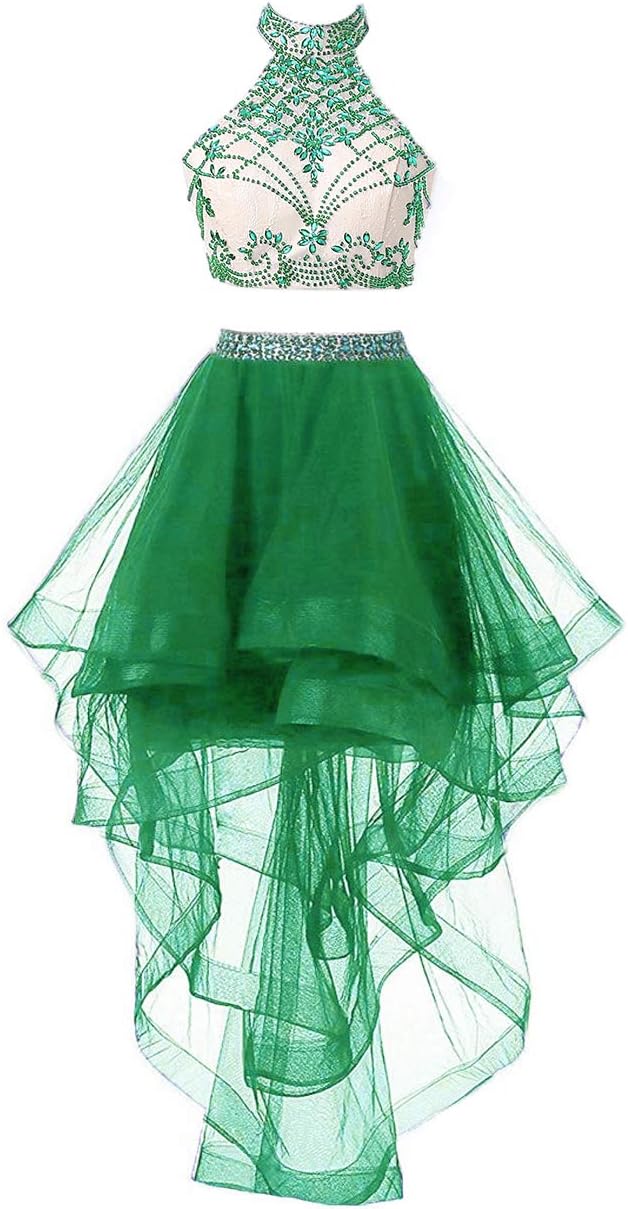 HEIMO Women's 2 Pieces Beaded Keyhole Back Homecoming Dresses Halter Beading Prom Gowns Short H199