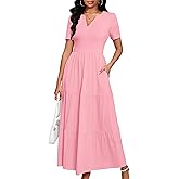 MarryUP Women Casual Loose Maxi Dress with Pockets V Neck Short Sleeve Tiered Long Summer Beach Swing Dresses