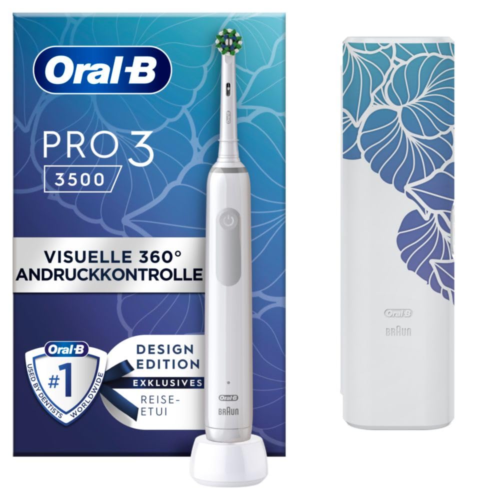 Oral-B PRO 3 3500 Elektrische Zahnbürste/Electric Toothbrush, mit 3 Putzmodi und visueller 360° Andruckkontrolle für Zahnpflege, Reiseetui floral, Geschenk Mann/Frau, Designed by Braun, weiß