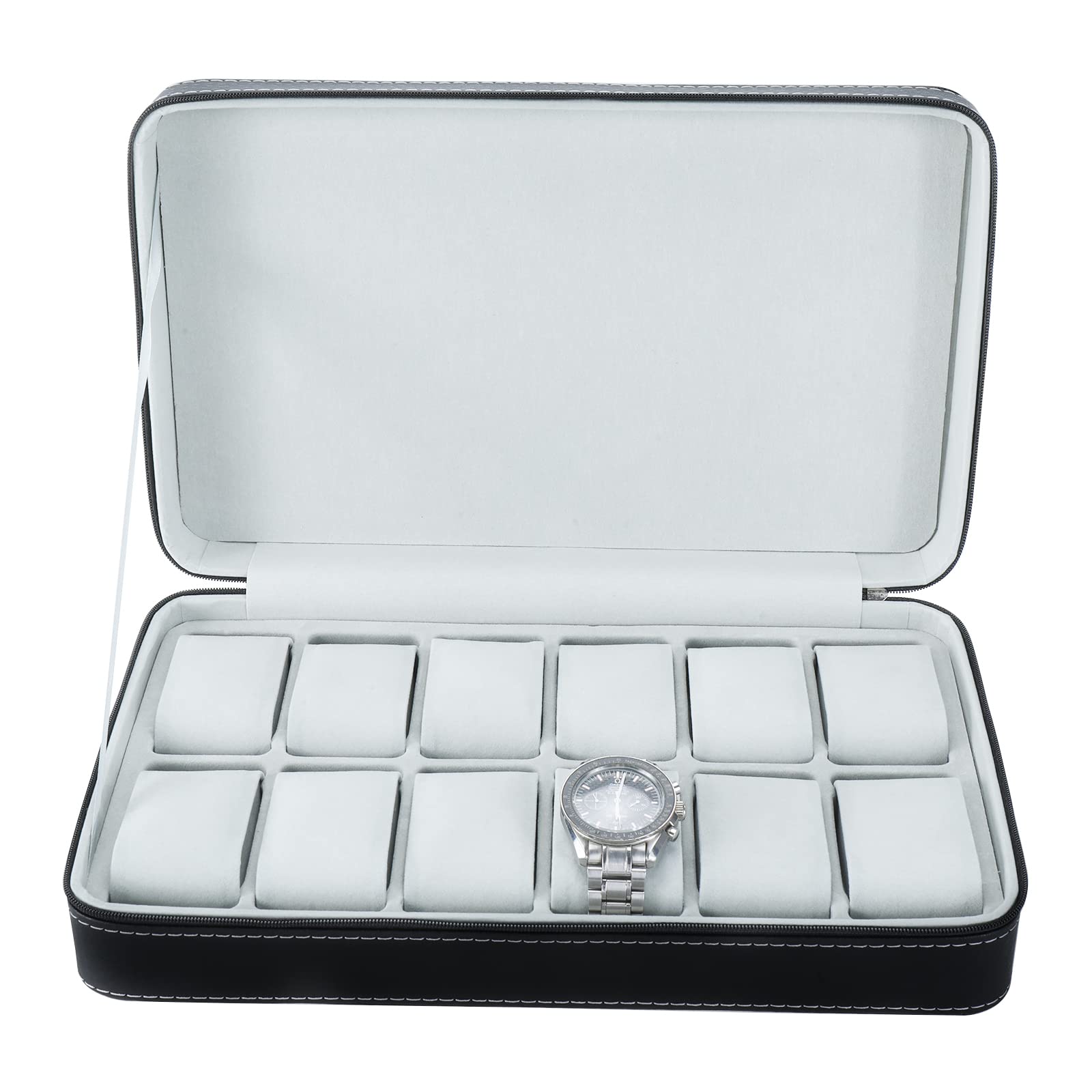 NovelBee 12 Slots Watch Boxes,Portable Zip Watch Jewelry Display Case with Removable Pillow for Watch Jewelry Storage