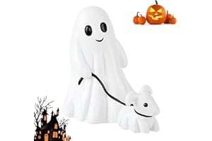 KOQ Ghost Walking Dog Statue, 2024 NewSpooky Ghost Dog Halloween Figurine, Halloween Ghost Dog Statues, Ghost Walking His Ghost Dog, Halloween Ghost Decor for Indoor Outdoor (White)