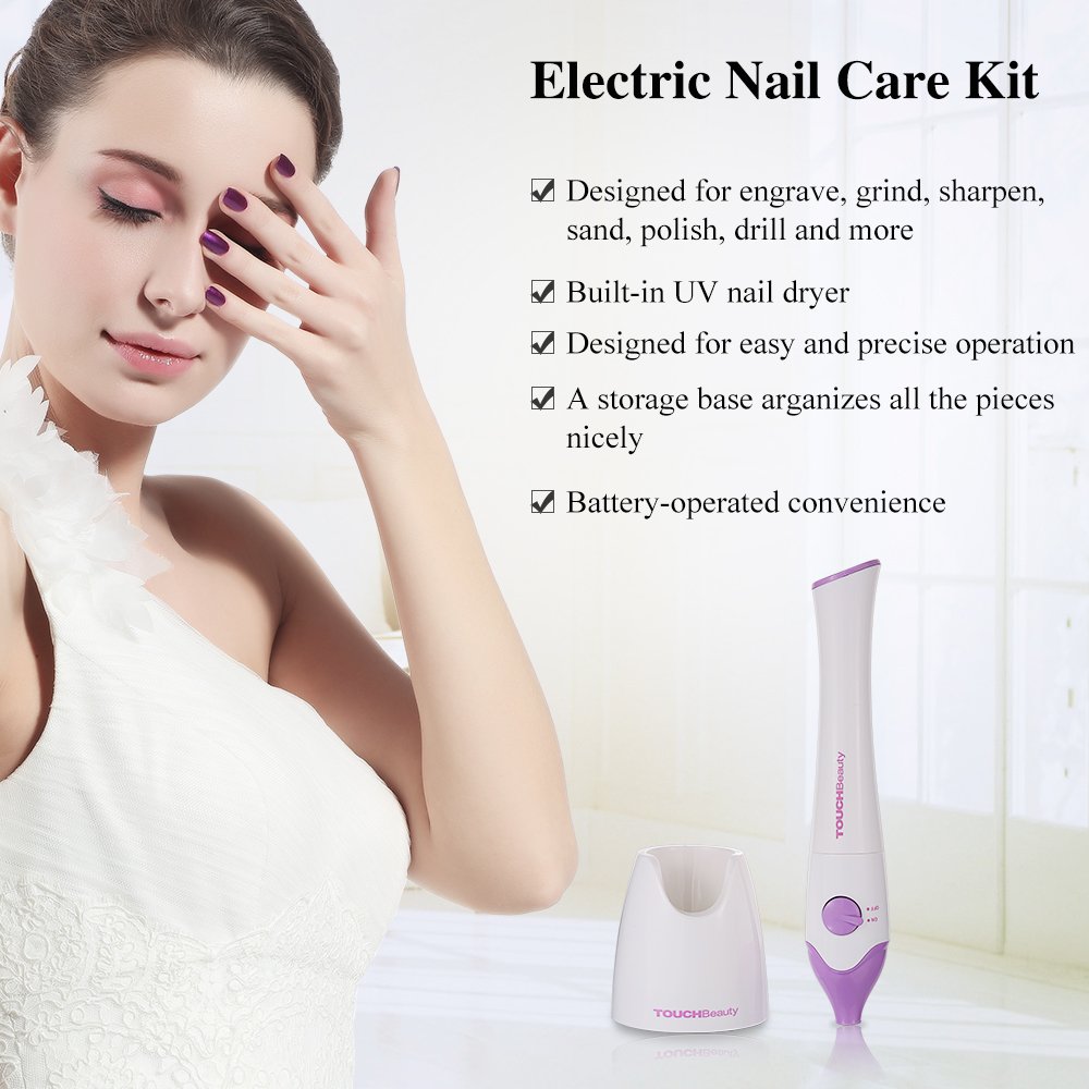 TOUCHBeauty Nail File Manicure/Pedicure Set with UV Light Dryer,Professional Acrylic Nail Tools Nail Drill Buffer Shine Fingernails Toenails Machine with 5 Attachment (Purple) TB-1335