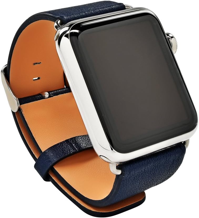 NatoSkull 42mm Apple Watch Band, Top-Grain Leather Band Strap with Stainless Steel Metal Clasp for All 42mm Apple Watch Models (Navy Blue)