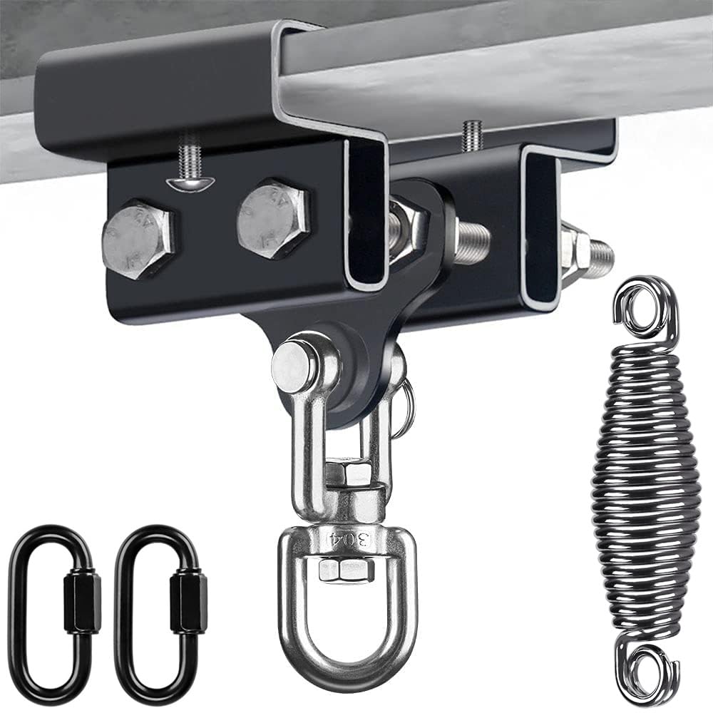 BeneLabel Punching Bag Beam Clamp 9.4-17cm, Boxing Bag I-Beam Hanger Heavy Duty Adjustable Steel Beam Clamp Holder Swivel Beam Mount Bracket with 2 Carabiners&5mm Spring for Muay Thai Training, 350lbs