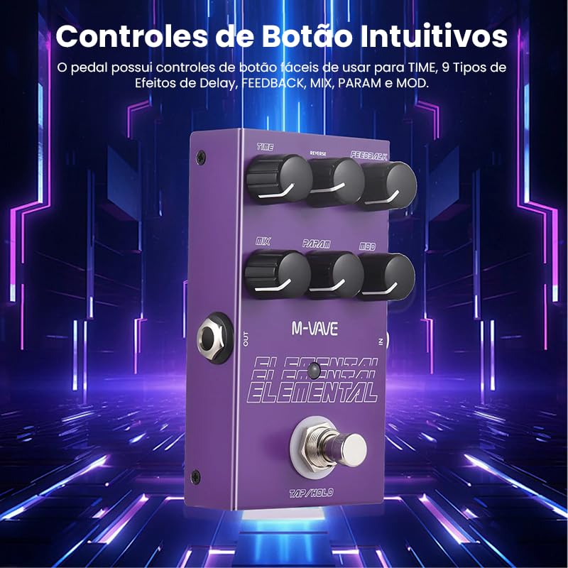 KINGSTER M-VAVE VEDO Pedal de Delay Digital Elemental: 9 Efeitos de Atraso, Modos TAP/HOLD, Alimentação USB/DC 9V, Design em Ferro Roxo Resistente - Perfeito para Guitarra, Baixo