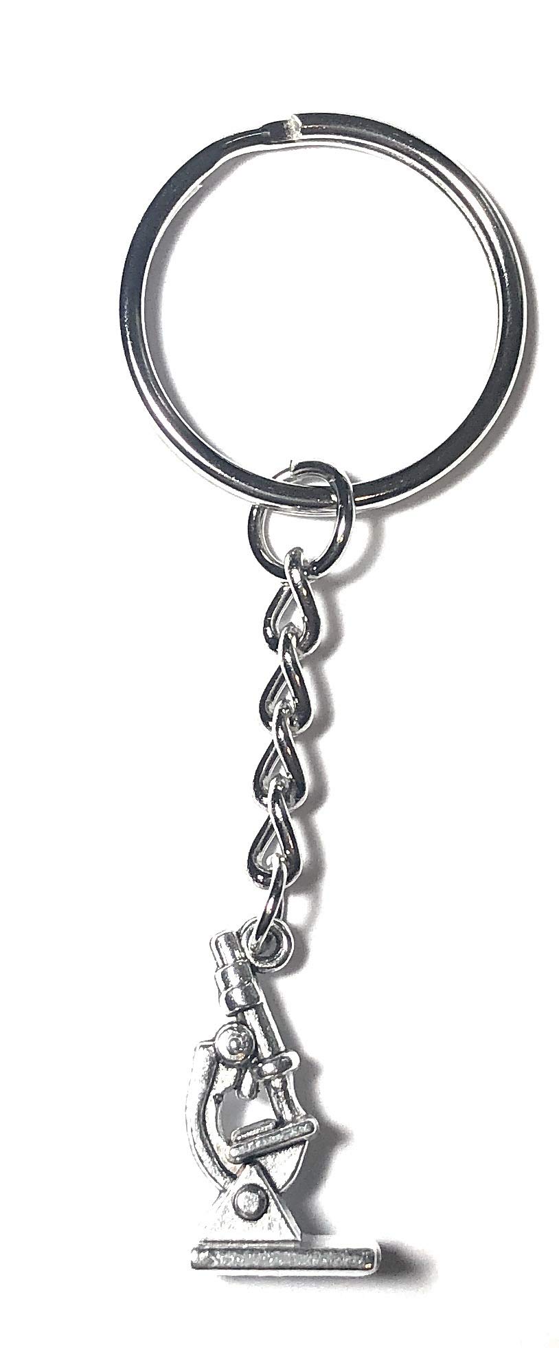 FizzyButton Gifts Microscope Keyring Key Ring with Small Silver Tone Charm and Silver Tone Keychain