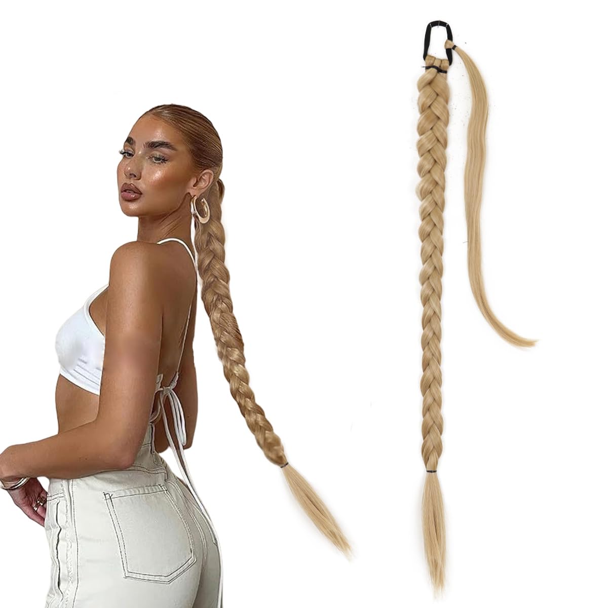 Prinfantasy 33" Long Braid Ponytail Hair Extension - Wrap Around Hair Piece With Scrunchie, Braiding Hairpiece, Heat Resistant Fiber, Soft, Sandy Blonde, MW269 — image 1