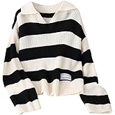 WDIRARA Girl's Striped Sweater Collar Long Sleeve Pullover Letter Patched Knitted Top