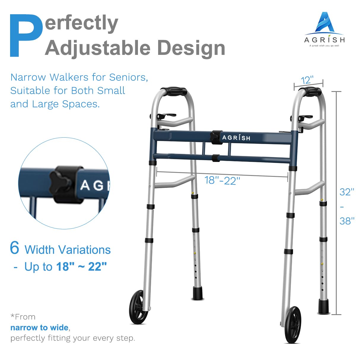 Folding Narrow Walker for Seniors – Width & Height Adjustable Walker, Lightweight Standard Walker for Elderly, Handicapped & Disabled, Fits Narrow Doorways, 350lbs