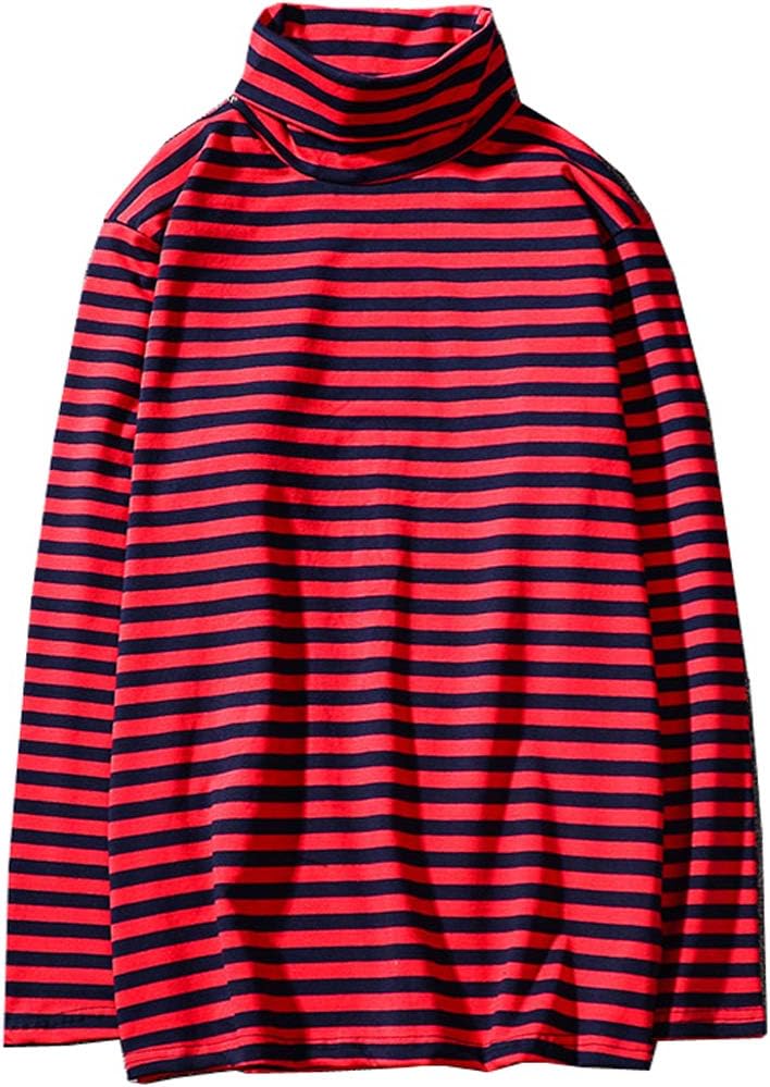 Men's Turtleneck Striped Hipster Hip Hop Pullover Long Sleeve T-Shirt Top