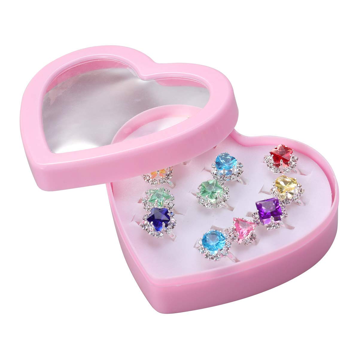 Toyvian Children S Diamante Ring Set with Heart-Shaped Box Adjustable Kids Rings for Girls Dress-up Jewellery Gift for Birthday and Party