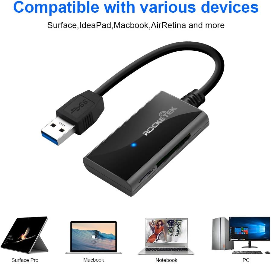USB 3.0 SD Card Reader, Rocketek 4 Slots Memory Card Reader with a 13CM Flexible USB Cord for SDXC/SDHC/UHS-I SD Cards, Micro SD Cards, MMC Memory Cards - Simultaneously Read 2 Different Memory Cards: Computers & Accessories
