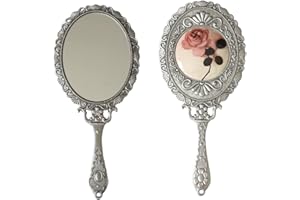 SEHAMANO Hand Mirror with Handle Compact Handheld Makeup Mirror Rose Cosmetic Clear Mirror (Matt Silver (Tin))