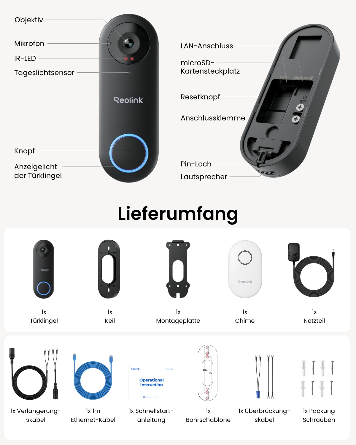Reolink Video-Türklingel mit Chime, 5MP Ultra HD Kabelgebundene Türklingel mit Kamera, 2,4/5GHz WLAN, Personenerkennungsalarme, 180° Ultraweitwinkel, 2-Wege-Audio, Fernzugriff, Video Doorbell WiFi 8