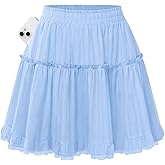 Kate Kasin Women Cotton Mini Skirts with Shorts Underneath, Ruffle Lace Skirt Flowy, Tiered Skorts with Pockets
