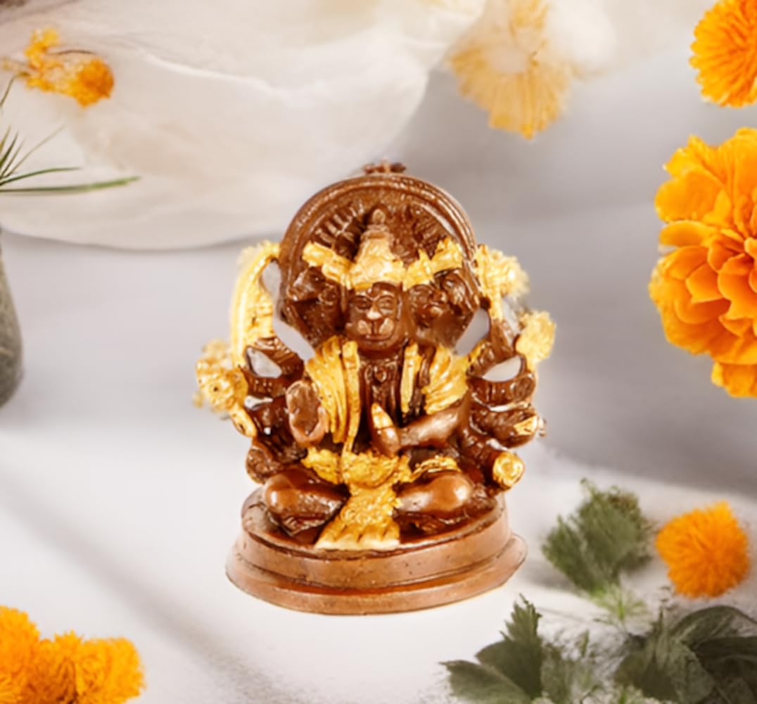 Purpledip Brass Idol Hanuman/Bajrangbali In Panchmukhi Avatar: Unique Copper Gold Finish For Home Temple, Office Table or Shop Puja Shelf | Hindu Religious Gift (11316)