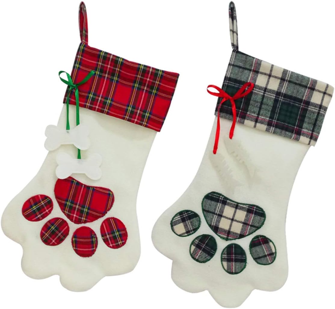 Stockings & Holders - SherryDC Dog Cat Paw Christmas Stockings Set of 2, Plush & Plaid Hanging Socks for Holiday and Christmas Decorations
