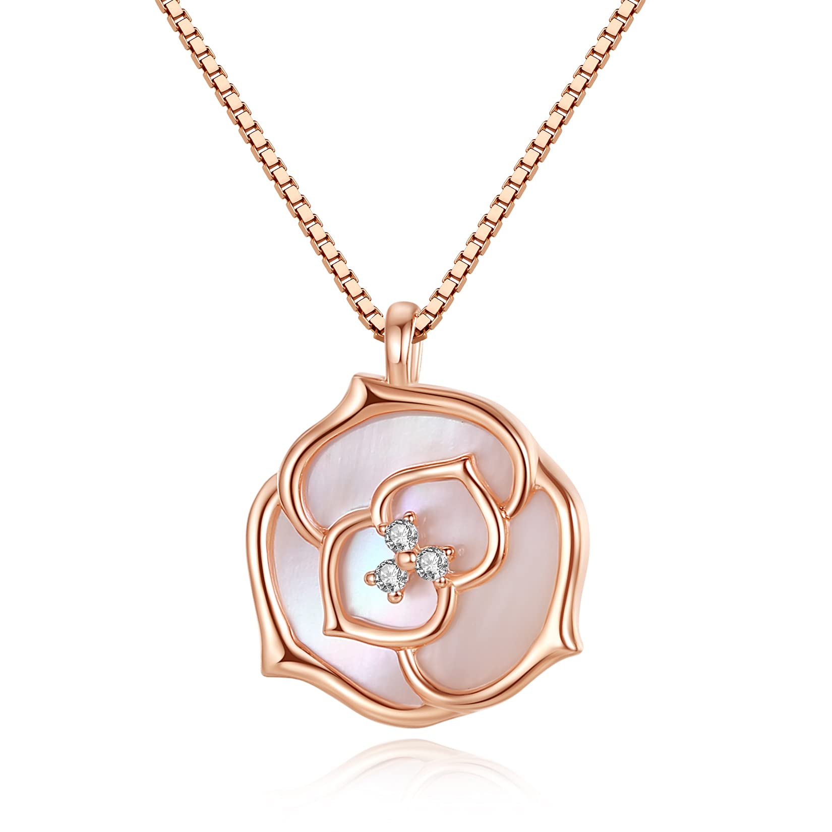 VIKI LYNN Pink Mother of Pearl Rose Flower Pendant Necklace for Women 18K Rose Gold Plated