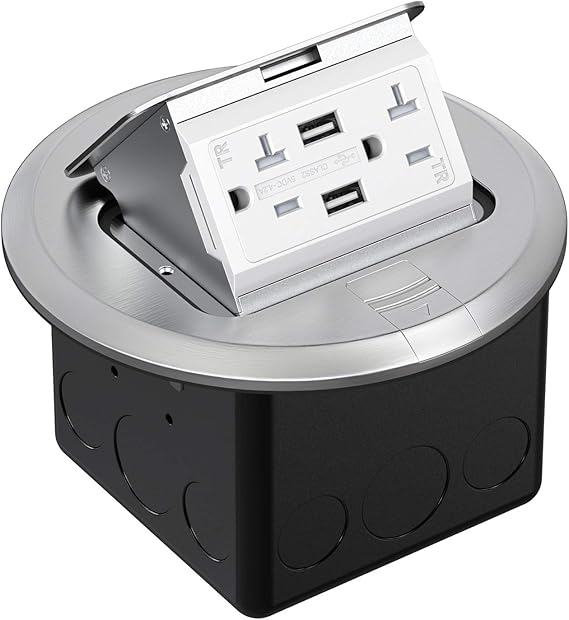 WEBANG Round Pop Up Floor Outlet Covers Box with 20 Amp Stainless Steel USB TR Receptacle Outlet