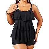 Yonique Women's Plus Size Tankini Swimsuits with Shorts Two Piece Bathing Suits Ruffle Swimsuits Tummy Control Swimwear Black 12W