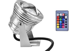 MOKERNALI Underwater LED Spotlight with Remote Control, 12V 10W RGB Color Changing Submersible LED Lamp, No Plug, Waterproof Underwater Pond lights for Aquariums, Pools and Underwater Gardens (Silver)