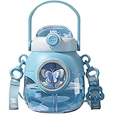 Yenergy Water Bottle with Straw 37oz Kawaii Water Bottles with Adjustable Strap for Women,Teen Girl School Office Gifts,Cute Animal Theme Water Bottles - Blue Butterfly