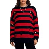 ChiaoLezhee Women's Goth Ripped Sweaters, Oversized Long Sleeve Crewneck Striped Knit Pullover Sweater for Halloween
