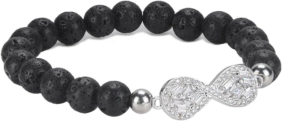 Jeka Lava Rock Bracelet for Women Girls Healing Energy 8mm Beaded Yoga Silver Dainty Charm-Essential Oil Diffuser Adjustable Natural Stone Chakra Religious Mala Jewelry