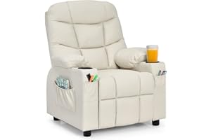 CHEFJOY Kids Recliner, Kids Recliner Chair w/ 2 Cup Holders, PU Leather Kids Chairs Compy w/Adjustable Backrest & 3 Pockets, Toddler Furniture Sofa for Boys Girls Aged 3+ (Beige)