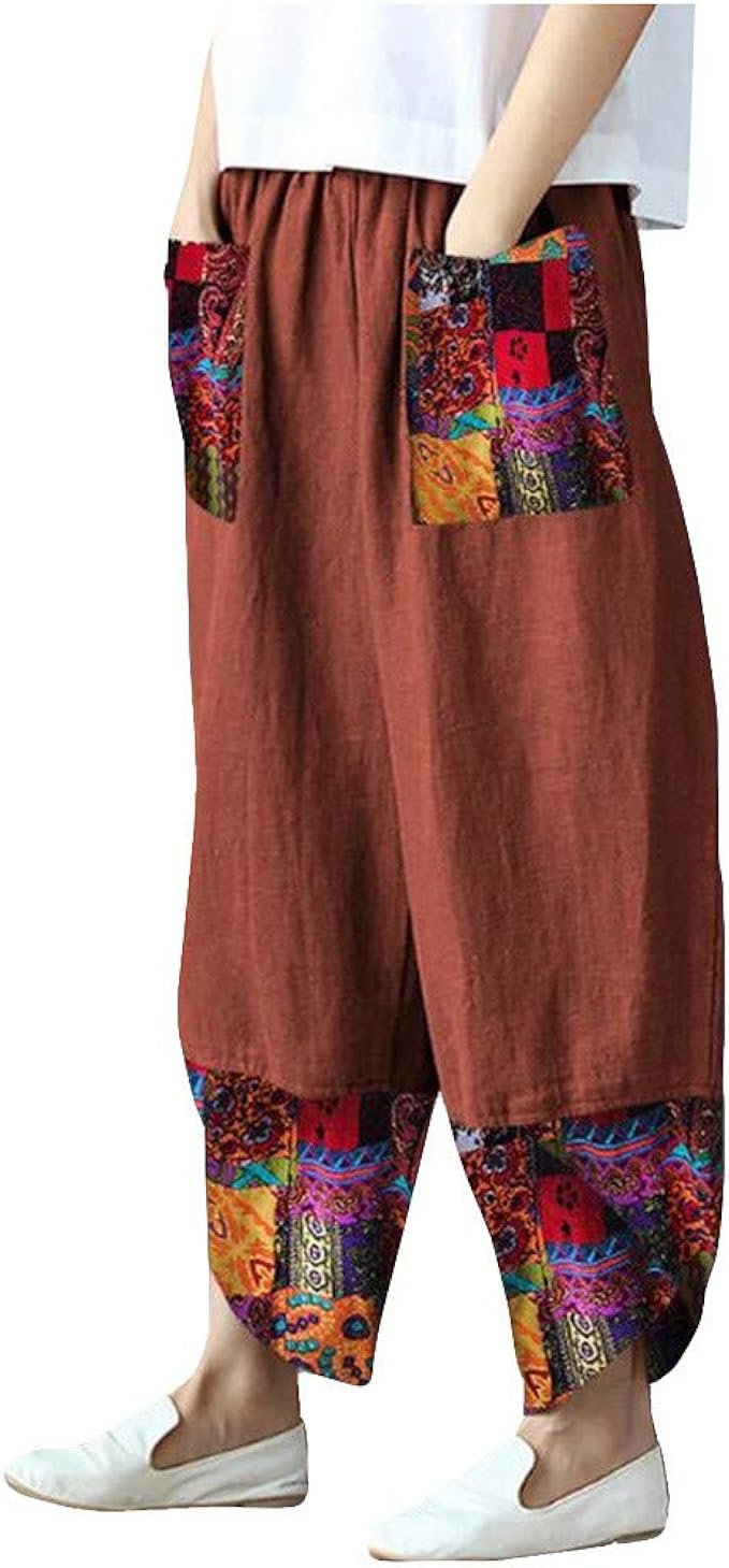 MTENG Womens Casual Loose Baggy Linen Cropped Pants Color Block Fashion Wide Leg Harem Pants 