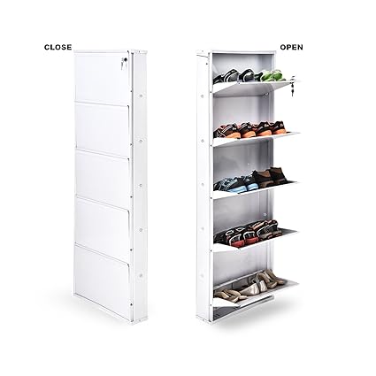 Paffy heavy duty space saver wall mount steel 5 shelves shoe rack (off white, Paffy-steel-sr-5d-w-o)