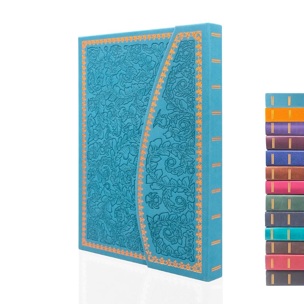 VICTORIA'S JOURNALS Magnet Journal, Carving Vintage Notebook Faux Leather Hard Cover Personal Diary Lined Pages Ribbon Bookmark, 8'' x 5.7'', ONB2013, Light Blue