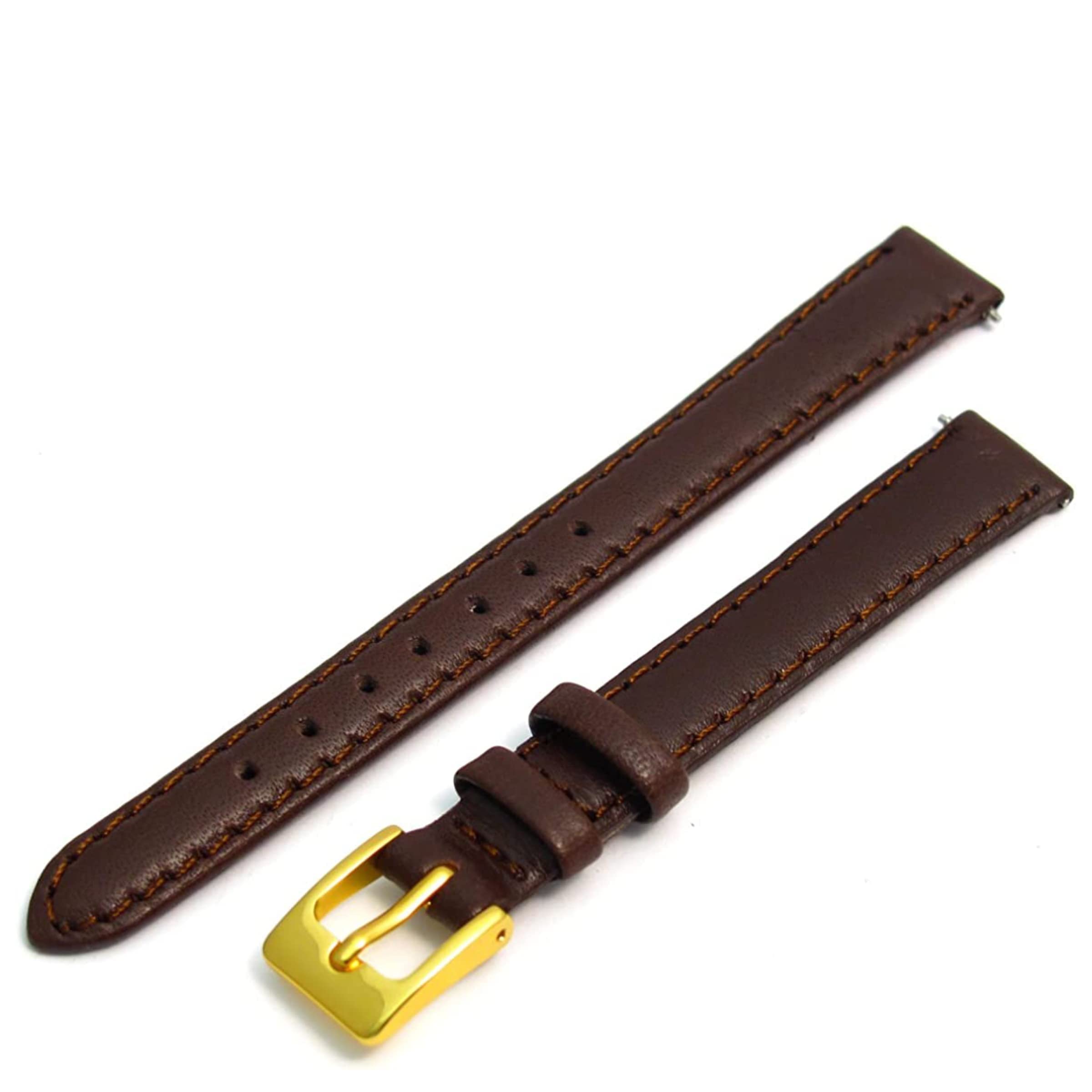 KONAMO Ladies Soft Genuine Leather Watch Strap Band 12mm, Brown, Gilt (Gold Colour) Buckle