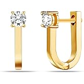 LeCalla 925 Sterling Silver Huggies Earrings Jewelry Small 14K Gold-Plated Zirconia Huggie Hoop Stud Earrings for Women Teen 15 MM