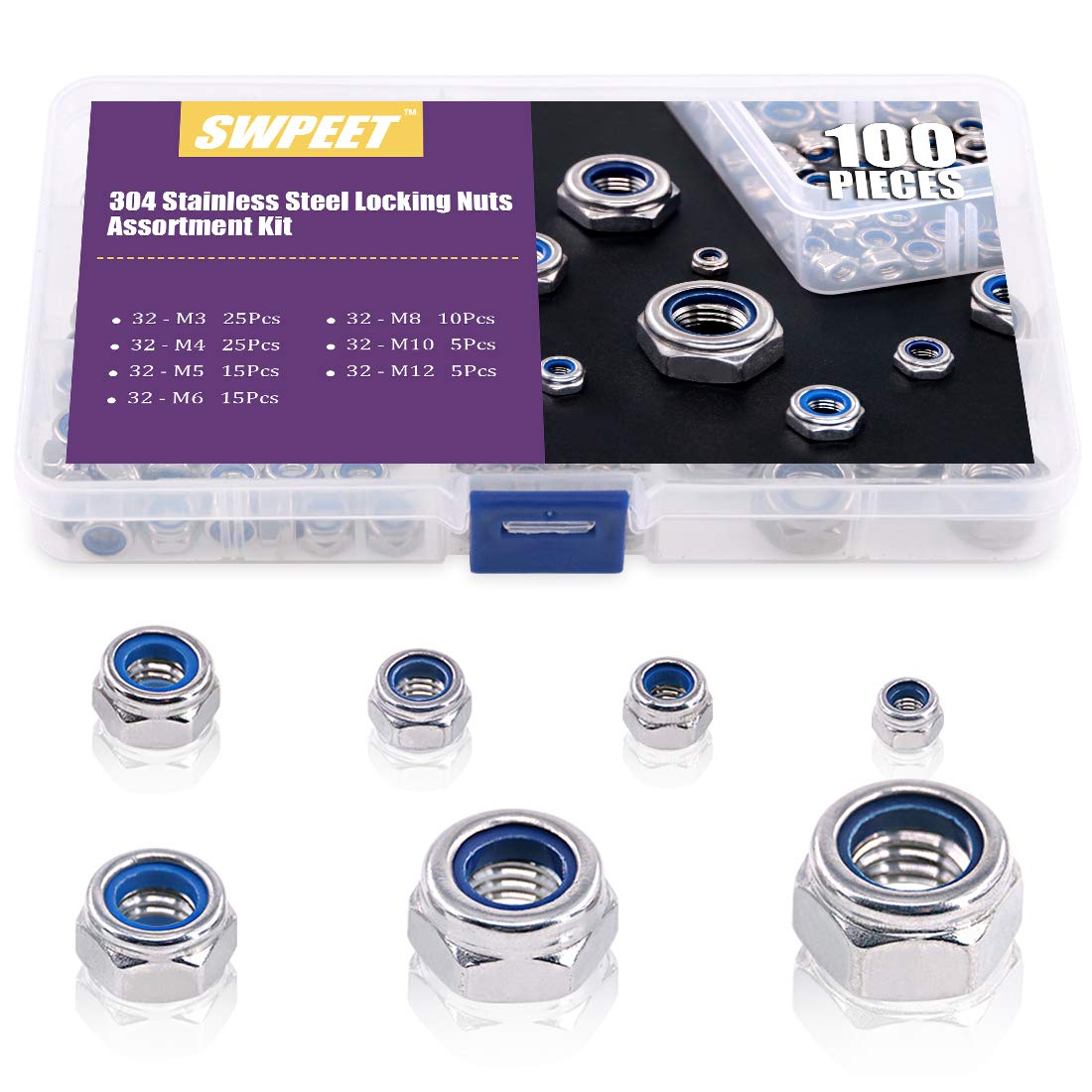 Swpeet 100Pcs 304 Stainless Steel Lock Nut Assortment 170 Pcs, M3 M4 M5 M6 M8 M10 M12 Nylon Insert Locknut